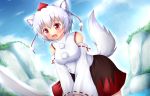  1girl :o animal_ears bare_shoulders blush clouds detached_sleeves female hair inubashiri_momiji kane-neko open_mouth red_eyes short_hair sky solo sword tail touhou weapon white_hair wolf_ears wolf_tail 