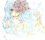  1girl blue_hair einoti flower furude_rika graphite_(medium) higurashi_no_naku_koro_ni long_hair one-eyed parted_lips solo tears traditional_media watercolor_(medium) wrist_grab 