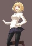  1girl arcueid_brunestud blonde_hair breasts highres jewelry kauto large_breasts miniskirt necklace pantyhose red_eyes short_hair skirt smile solo sweater tsukihime turtleneck 