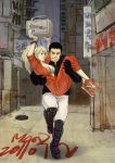  1boy 1girl aikawa black_eyes black_hair blonde_hair bracelet breasts building carrying city cleavage couple dorohedoro eye_contact gloves grin holding_up jacket jewelry knee_pads leg_armor looking_at_another nikaido princess_carry rough sewer_grate shoes smile sneakers zipper 