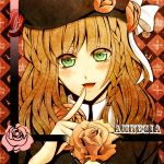  1girl amnesia_(idea_factory) argyle argyle_background beret braid brown_hair flower green_eyes hat heroine_(amnesia) hiyoringo orange_rose pink_background rose short_hair smile solo title_drop 