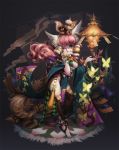  1girl animal_ears breasts butterfly cglange flower fox fox_ears fox_tail green_eyes hair_tubes jewelry lantern long_hair original pink_hair tail traditional_clothes wink 