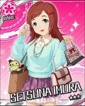  1girl bag brown_hair character_name doll frilled_skirt frills green_eyes idolmaster idolmaster_cinderella_girls imura_setsuna jewelry jpeg_artifacts light_smile long_hair looking_at_viewer miniskirt necklace official_art paper_bag pink_background skirt solo stuffed_toy sweater 