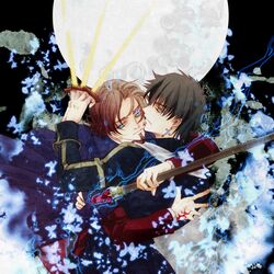  2boys between_fingers black_keys blue_eyes brown_hair cross cross_earrings dark_persona earrings fate/zero fate_(series) full_moon gem jewelry kotomine_kirei magic moon multiple_boys staff staufen tohsaka_tokiomi toosaka_tokiomi what_if yellow_eyes 