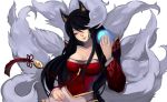  1girl ahri animal_ears bare_shoulders black_hair breasts detached_sleeves energy_ball facial_mark fox_ears fox_tail hair_over_one_eye head_tilt kyuubi large_breasts league_of_legends long_hair multiple_tails smile solo tail tassel thelittlefirefly very_long_hair watermark yellow_eyes 