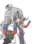  1girl black_eyes breasts dual_wielding eyepatch labcoat long_hair magnemite magnet open_clothes personification pokemon pokemon_(game) screw seki_(red_shine) silver_hair single_glove solo 