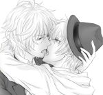  2boys hat hug kiss kurusu_shou monochrome multiple_boys open_mouth saliva shinomiya_satsuki short_hair tongue tongue_out uta_no_prince-sama yaoi 