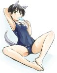  1girl animal_ears barefoot black_hair brown_eyes clothed_navel mozu_(peth) popsicle school_swimsuit short_hair solo strike_witches swimsuit tail toes wakamoto_tetsuko 