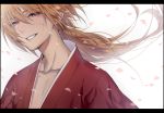  1boy cherry_blossoms himura_kenshin kazari_tayu letterboxed long_hair looking_at_viewer ponytail purple_eyes red_hair redhead rurouni_kenshin scar smile solo violet_eyes wind 