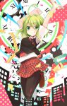  :q ahoge black_legwear green_eyes green_hair gumi highres jumping looking_at_viewer nanashina necktie pantyhose plaid school_uniform setsuna_trip_(vocaloid) short_hair smile solo tongue vocaloid 