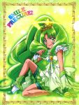  1girl absurdres boots crown cure_march elbow_gloves gloves green_eyes green_hair highres legs long_hair midorikawa_nao official_art precure princess_form_(smile_precure!) rainbow_text shorts smile_precure! solo title_drop very_long_hair 