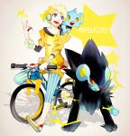  1boy bicycle blonde_hair blue_eyes character_request electricity luxray mollo poke_ball pokemon pokemon_(game) pokemon_dppt shinx 