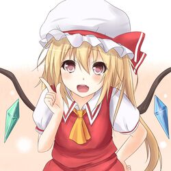  1girl ascot blonde_hair bust flandre_scarlet hand_on_hip kudrove open_mouth panties red_eyes short_hair side-tie_panties skirt skirt_set solo touhou underwear wings 