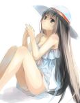  1girl dress hat long_hair original simple_background sitting solo sun_hat sundress very_long_hair white_background xinta 