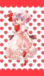  1girl ascot bat_wings brooch dress food fruit gradient_hair hat hat_ribbon jewelry multicolored_hair open_mouth pink_dress pink_hair puffy_sleeves purple_hair red_eyes red_shoes remilia_scarlet ribbon shoes short_sleeves solo strawberry touhou umebayashi_saki wings 