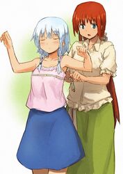  2girls armpits arms_up blush braid bust_measuring closed_eyes eyes_closed green_eyes hong_meiling izayoi_sakuya long_hair measuring multiple_girls open_mouth red_hair redhead shiba_murashouji short_hair silver_hair skirt tape_measure touhou twin_braids 