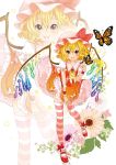  1girl :p ascot berry_jou blonde_hair blush bow brooch butterfly embellished_costume flandre_scarlet flower hat hat_bow jewelry mary_janes shoes short_hair side_ponytail skirt skirt_set solo striped striped_legwear thigh-highs thighhighs tongue tongue_out touhou wings wrist_cuffs yellow_eyes zoom_layer 