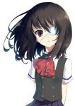  another arms_behind_back black_hair eyepatch long_hair misaki_mei open_mouth red_eyes ribbon school_uniform short_hair simple_background solo uhyoko white_background 
