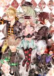  1girl 4boys amnesia_(idea_factory) argyle argyle_background argyle_legwear black_hair blonde_hair blue_eyes braid brown_hair choker feathers flower glasses gloves green_eyes green_hair hairband hat heroine_(amnesia) ikki_(amnesia) ino_(w.b.) jacket jewelry kent_(amnesia) long_hair multiple_boys necklace pantyhose pink_rose plaid red_eyes rose shin_(amnesia) shoes short_hair skirt smile toma_(amnesia) ukyou_(amnesia) white_hair yellow_eyes 