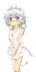  1girl apron artist_name bare_shoulders blue_eyes blush bow braid collarbone dated hair_bow hands_together izayoi_sakuya looking_at_viewer maid_headdress naked_apron nanasino-nasiki short_hair silver_hair simple_background solo touhou twin_braids v_arms white_background 