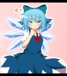  1girl blue_dress blue_eyes blue_hair blush bow cirno do_(4-rt) dress finger_in_mouth hair_bow heart highres letterboxed looking_at_viewer pink_background puffy_sleeves shirt short_hair short_sleeves solo touhou wings 