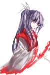  1girl hair_ribbon hug_(artist) japanese_clothes kimono light_smile long_hair meira ponytail purple_hair red_eyes ribbon sketch solo touhou touhou_(pc-98) 