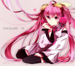  1girl character_name detached_sleeves hatsune_miku hibiya highres long_hair looking_at_viewer necktie pink_eyes pink_hair revision sakura_miku sitting solo thigh-highs thighhighs twintails very_long_hair vocaloid 