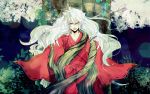  1boy androgynous animal_ears arrow demon_boy dog_ears floating_hair hj1896 inuyasha inuyasha_(character) japanese_clothes leaf long_hair male open_mouth sleeves_past_wrists slit_pupils solo tree vines wide_sleeves yellow_eyes 