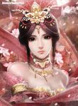  1girl absurdres bare_shoulders brown_eyes brown_hair collarbone flower hair_up headdress highres jewelry legend_of_the_swordsman_online lips looking_at_viewer monkey_buonarroti necklace signature solo 