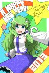 1girl 2013 blush cat detached_sleeves frog_hair_ornament green_eyes green_hair hair_ornament hair_tubes happy_new_year kochiya_sanae lie-lilac long_hair new_year open_mouth skirt smile snake_hair_ornament solo star touhou 