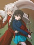  1boy 1girl animal_ears arrow black_hair bow_(weapon) casual dog_ears higurashi_kagome holding inuyasha inuyasha_(character) japanese_clothes long_sleeves pullover saiha skirt sword weapon white_hair yellow_eyes 