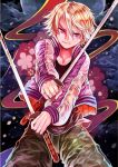  1boy blonde_hair dual_wielding ivan_karelin jacket katana letterman_jacket nekokurage_(musicalbox24) purple_eyes purple_jacket solo sword tiger_&amp;_bunny violet_eyes weapon 