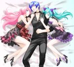  1boy 2girls acute_(vocaloid) blue_eyes blue_hair choker dress girl_sandwich green_eyes green_hair hatsune_miku high_heels kaito kajiwara_aeri knife long_hair lying megurine_luka multiple_girls nail_polish on_back pink_hair project_diva project_diva_f shoes title_drop twintails vocaloid 