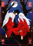  1boy 1girl 90s animal_ears bare_shoulders bare_tree barefoot black_hair breasts cleavage cover cover_page dog_ears doujin_cover full_moon hair_over_one_eye hakama highres in_tree inuyasha inuyasha_(character) japanese_clothes jewelry katana kikyou_(inuyasha) long_hair looking_at_another miko moon mouth_hold necklace night pearl sitting sitting_in_tree string sword tree weapon white_hair yamaguchi_shinji 