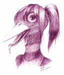  1girl beak bird lio-garakuta ponytail realistic signature simple_background solo tongue toriningen turtleneck yume_nikki 
