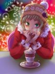  1girl blonde_hair blush coat cup dragon_kid green_eyes hat looking_at_viewer rduuroorn santa_hat solo teacup tiger_&amp;_bunny tuque 