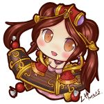  1girl alternate_costume alternate_eye_color alternate_hair_color blush breasts brown_eyes brown_hair chibi cleavage detached_sleeves earrings hair_ornament instrument jewelry league_of_legends long_hair necklace open_mouth shenren signature smile solo sona_buvelle twintails white_background 