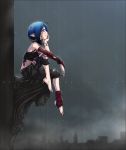  1girl ahoge barefoot blue_hair blush bridal_gauntlets capri_pants elf gargoyle headphones nicole_dubois original pointy_ears rain red_eyes short_hair single_elbow_glove single_glove single_sock smile socks solo toeless_socks torn_clothes torn_pants watermark web_address 