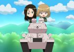  black_hair blonde_hair blue_eyes chibi cloud clouds enterentermission fang forest girls_und_panzer hiromon katyusha kv-1 long_hair looking_at_viewer military military_uniform military_vehicle mountain nature nonna open_mouth short_hair sky smile tank uniform vehicle 