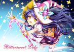  1girl alternate_costume bracelet candy_cane character_name fang fingernails hat jewelry league_of_legends long_hair lulu_(league_of_legends) nail_polish opalheart open_mouth puffy_sleeves purple_hair shoes signature smile solo staff thigh-highs thighhighs white_legwear witch_hat yellow_eyes 