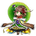  1girl :d animal_ears antlers brown_hair dress flower frills green_eyes hair_flower hair_ornament hooves kano_(p&amp;d) nuana open_mouth parasol puzzle_&amp;_dragons smile solo umbrella 