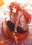  1girl absurdres animal_ears anklet ayakura_juu barefoot between_legs blush brown_hair capri_pants feet fetal_position highres holo jewelry leg_hug long_hair looking_at_viewer lying official_art on_side pants pouch red_eyes scan smile solo spice_and_wolf tail tail_between_legs wolf_ears wolf_tail 