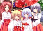  4girls ahoge aqua_eyes bat_wings blonde_hair blue_eyes blue_hair blush braid costume fang flandre_scarlet gohei hair_ribbon hong_meiling izayoi_sakuya japanese_clothes long_hair miko multiple_girls no_hat no_headwear open_mouth oriental_umbrella ponytail red_eyes remilia_scarlet ribbon rika-tan_(artist) short_hair silver_hair smile touhou twin_braids umbrella wings wink 