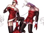  2boys antlers black_hair black_legwear chibi_inset crossdressinging dio_brando dress garter_straps gloves green_eyes hat jojo_no_kimyou_na_bouken kakyouin_noriaki long_hair multiple_boys pointing purple_hair sack santa_costume santa_hat thigh-highs thighhighs vanilla_ice xenoc 