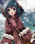  1girl :d animal_ears broom clouds commentary_request eyebrows_visible_through_hair gloves green_eyes green_hair kasodani_kyouko long_sleeves looking_at_viewer open_mouth pink_gloves short_hair smile solo touhou uguisu_mochi_(ykss35) 