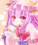  1girl animal_ears bow bust cat_ears crescent eyelashes hair_bow hat kemonomimi_mode long_hair long_sleeves looking_at_viewer patchouli_knowledge paw_pose pink_background polka_dot purple_eyes purple_hair solo soyd_562 tongue tongue_out touhou violet_eyes 