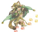  1girl animal_ears ankle_lace-up anklet atsumu barefoot bastet_(p&amp;d) brown_hair cat_ears cat_tail cross-laced_footwear crown egyptian fang green_eyes jewelry long_hair midriff paw_pose paw_print puzzle_&amp;_dragons solo tail 