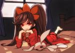  1girl ashley bangs barefoot bed black_hair child doll dress gradient_hair hair_ornament long_hair looking_at_viewer lying neckerchief nintendo nosuku on_bed on_stomach pantyhose red_eyes skull smile solo stuffed_animal stuffed_bunny stuffed_toy swept_bangs twintails warioware window 