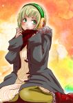  1girl blonde_hair blush coat dress earmuffs green_eyes huang_baoling leggings rduuroorn scarf short_hair sitting solo tiger_&amp;_bunny wariza 