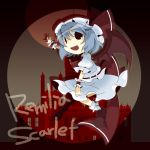  1girl blue_hair hat looking_at_viewer misaki_(1n1m) open_mouth remilia_scarlet short_hair smile solo touhou wings 